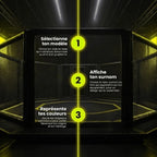 Infographie explicative en 3 étapes simples pour concevoir un short de MMA personnalisé Octogoat dans une cage de combat : choix du modèle, ajout du surnom et sélection des drapeaux.