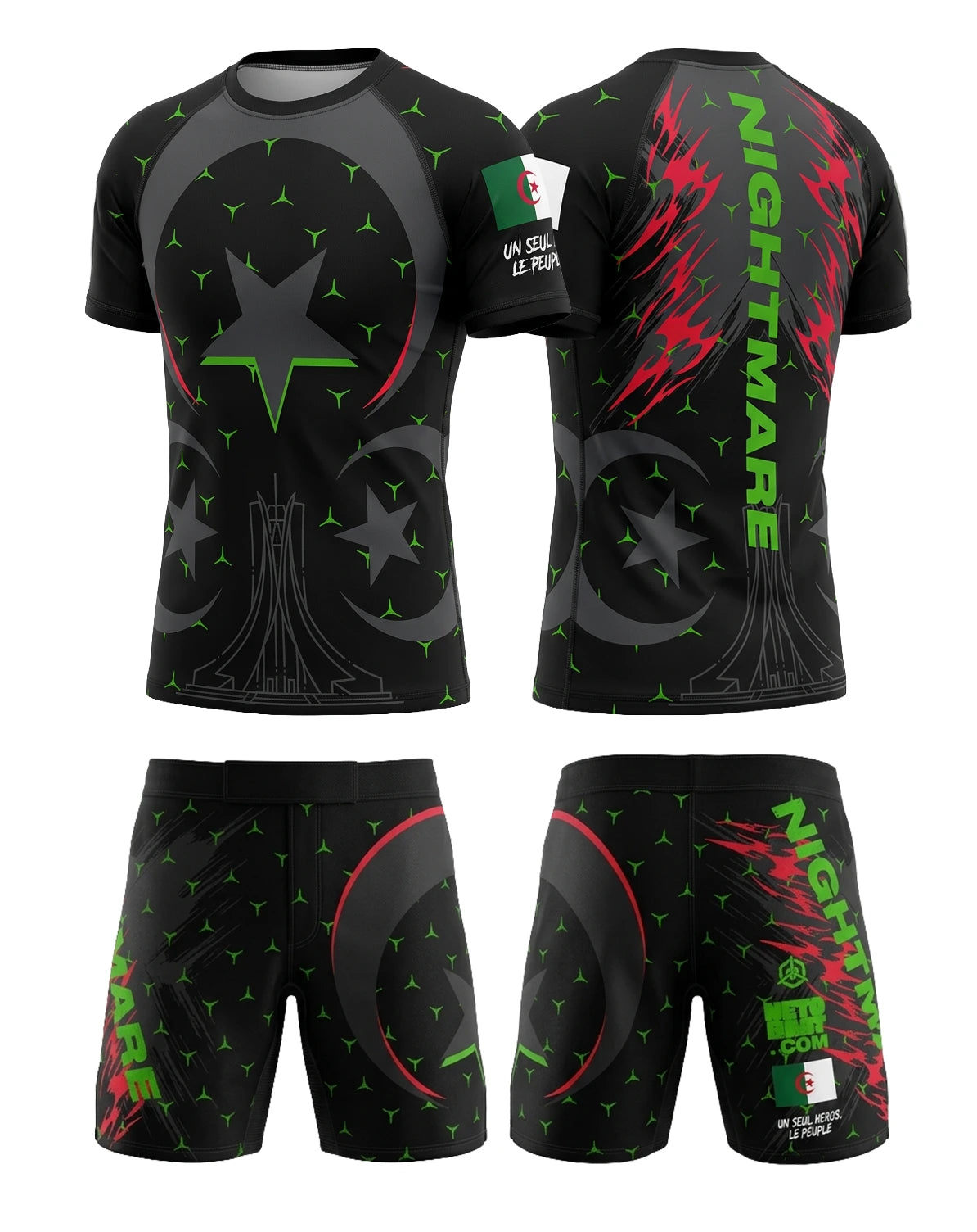 Ensemble MMA personnalisé OCTOGOAT collection DZ Black
rashguard noir, vert et rouge avec prénom et drapeau algérien 