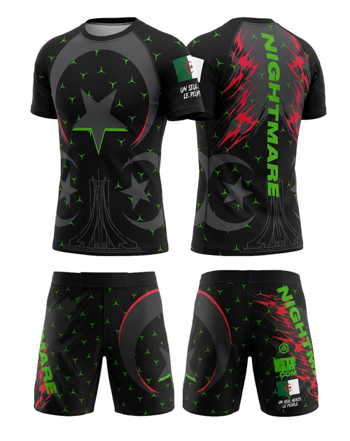 Ensemble MMA personnalisé OCTOGOAT collection DZ Black
rashguard noir, vert et rouge avec prénom et drapeau algérien 