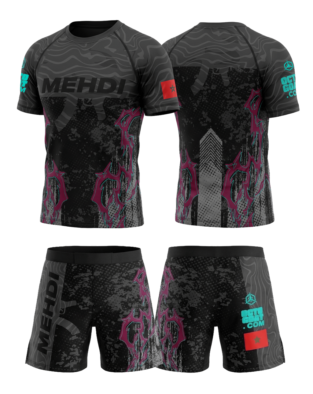 Ensemble MMA personnalisé OCTOGOAT collection AK47 
rashguard noir et violet avec prénom et drapeau 