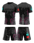 Ensemble MMA personnalisé OCTOGOAT collection AK47 
rashguard noir et violet avec prénom et drapeau 