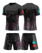 Ensemble MMA personnalisé OCTOGOAT collection AK47 
rashguard noir et violet avec prénom et drapeau 