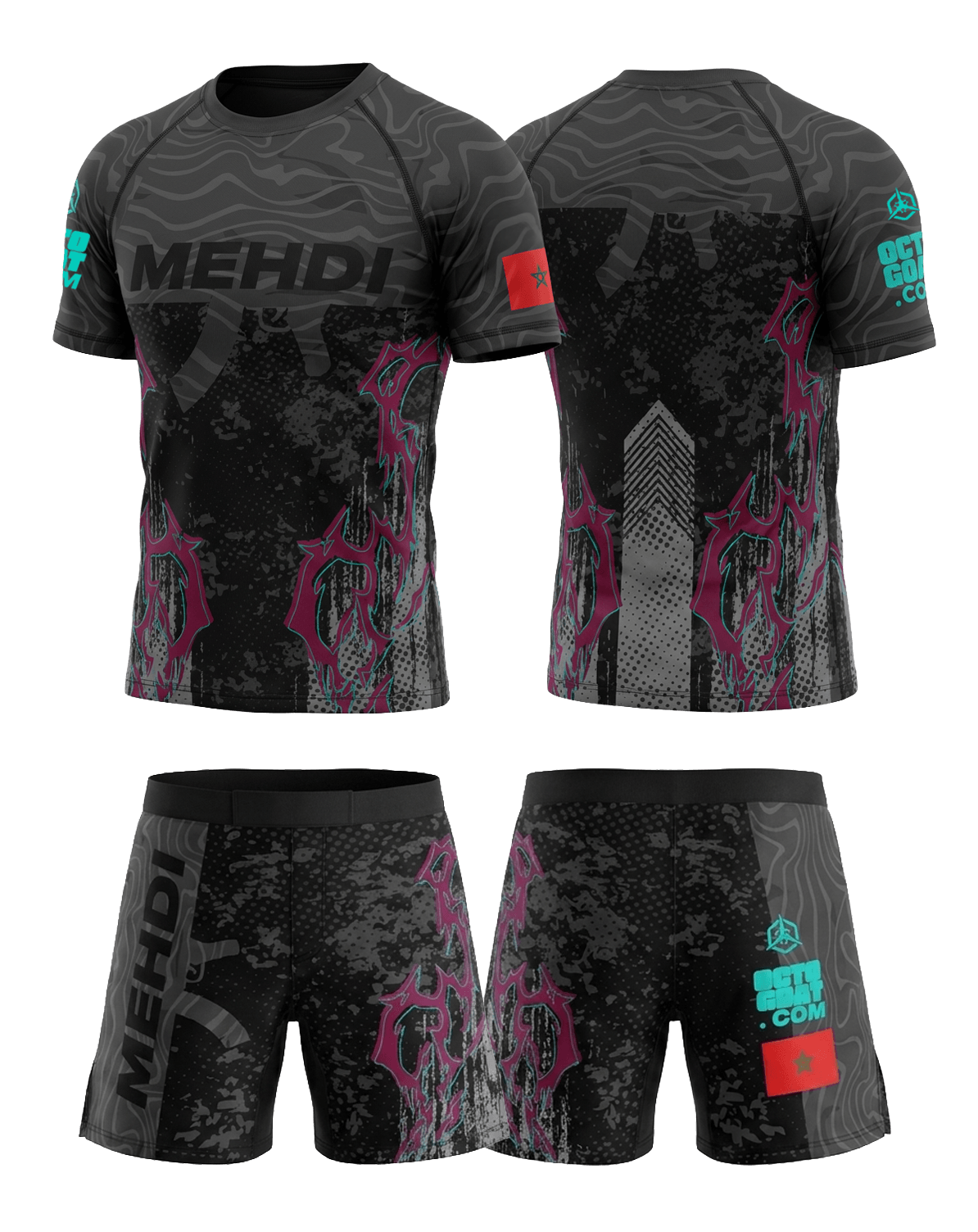 Ensemble MMA personnalisé OCTOGOAT collection AK47 
rashguard noir et violet avec prénom et drapeau 