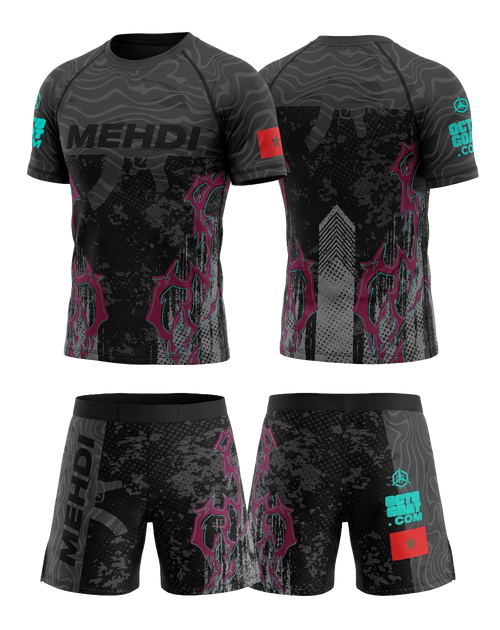 Ensemble MMA personnalisé OCTOGOAT collection AK47 
rashguard noir et violet avec prénom et drapeau 