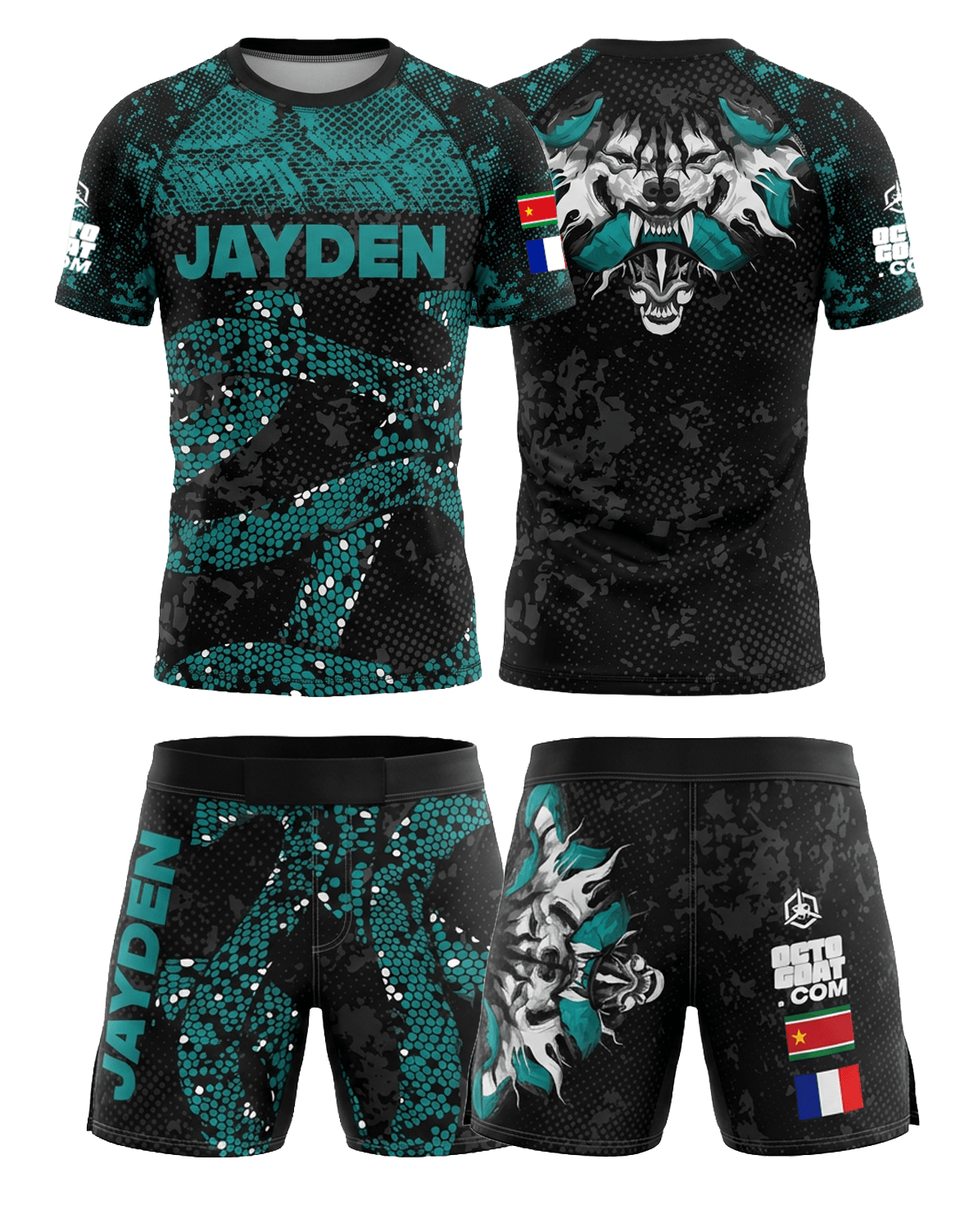 Ensemble MMA personnalisé OCTOGOAT — kit rashguard et short 
assortis collection Ruby sublimation pleine surface avec nom 
et drapeau sur-mesure