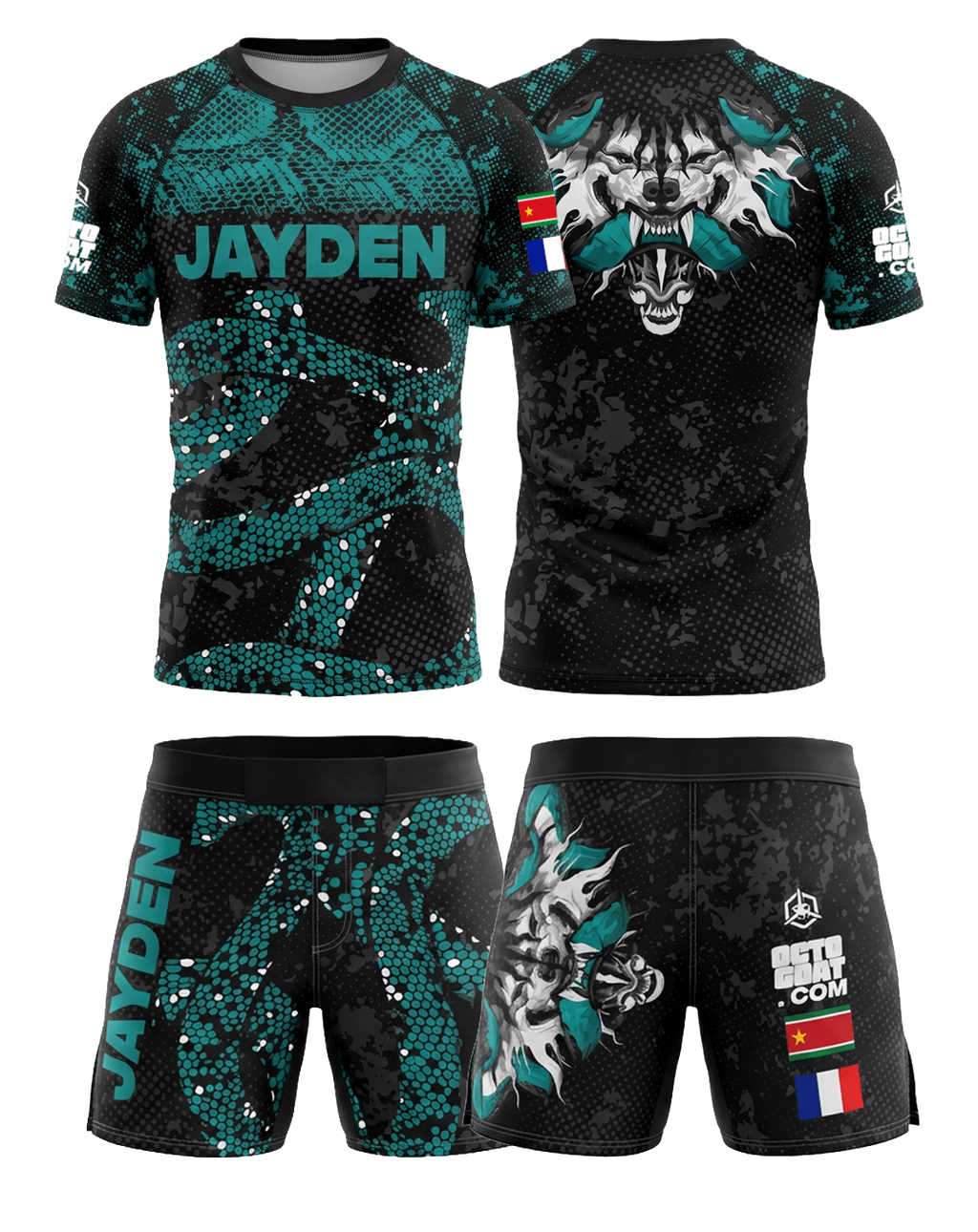Ensemble MMA personnalisé OCTOGOAT — kit rashguard et short 
assortis collection Ruby sublimation pleine surface avec nom 
et drapeau sur-mesure