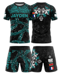 Ensemble MMA personnalisé OCTOGOAT — kit rashguard et short 
assortis collection Ruby sublimation pleine surface avec nom 
et drapeau sur-mesure