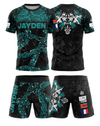 Ensemble MMA personnalisé OCTOGOAT — kit rashguard et short 
assortis collection Ruby sublimation pleine surface avec nom 
et drapeau sur-mesure