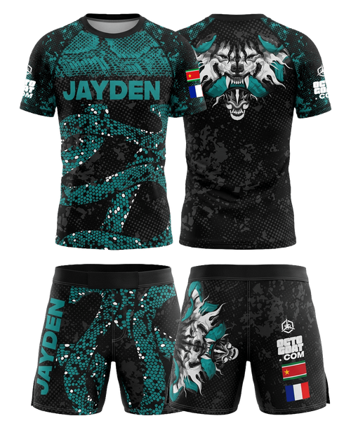 Ensemble MMA personnalisé OCTOGOAT — kit rashguard et short 
assortis collection Ruby sublimation pleine surface avec nom 
et drapeau sur-mesure