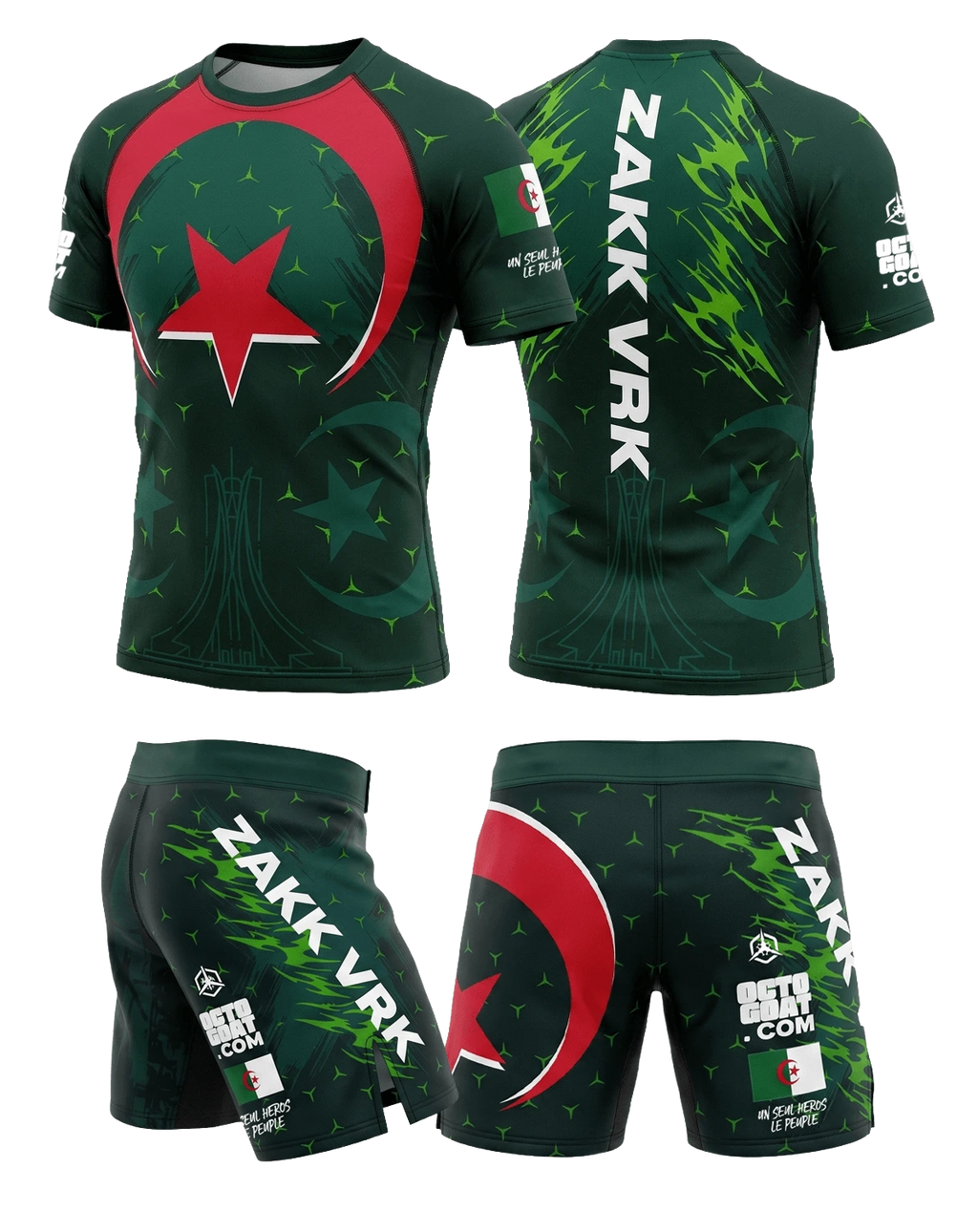 Ensemble MMA personnalisé OCTOGOAT collection DZ
rashguard vert et rouge avec prénom et drapeau algérien 