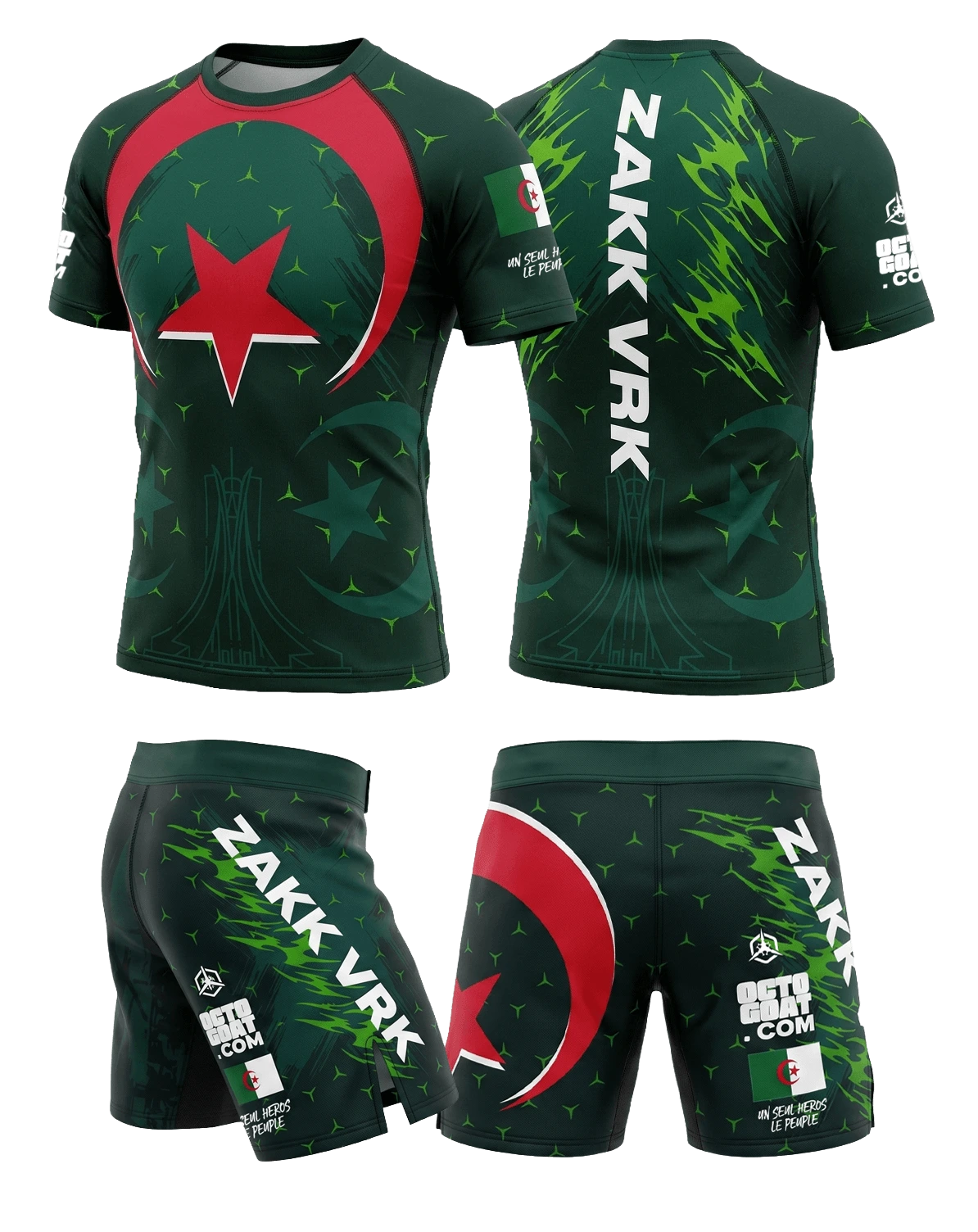 Ensemble MMA personnalisé OCTOGOAT collection DZ
rashguard vert et rouge avec prénom et drapeau algérien 