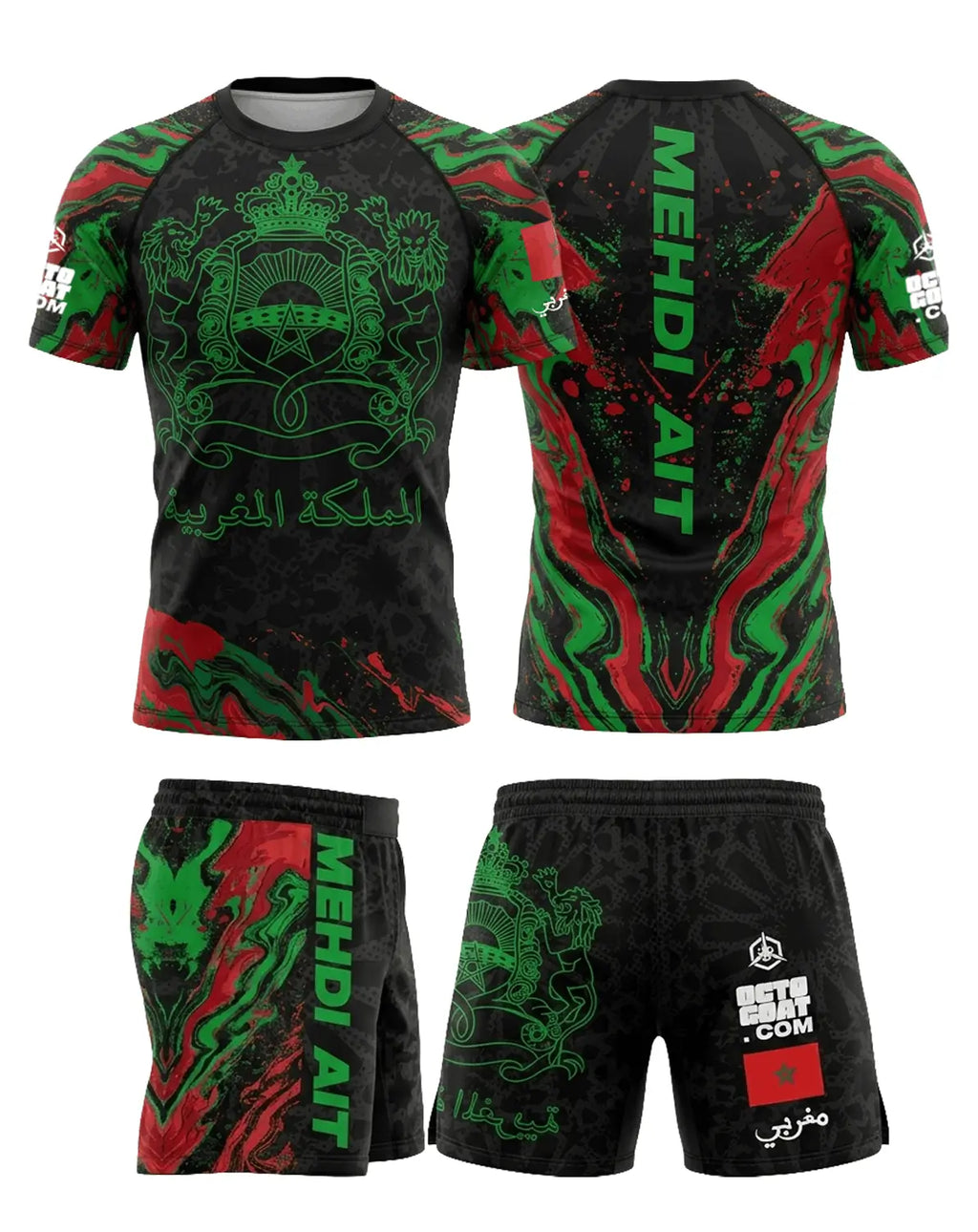 Ensemble MMA personnalisé MAROC OCTOGOAT vert, rouge et noir aux couleurs du Maroc, rashguard et short vus de face et de dos