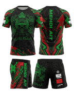 Ensemble MMA personnalisé MAROC OCTOGOAT vert, rouge et noir aux couleurs du Maroc, rashguard et short vus de face et de dos