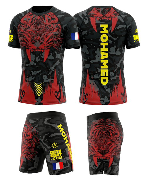 Ensemble MMA personnalisé OCTOGOAT — kit rashguard et short 
assortis collection TIGER sublimation pleine surface avec nom 
et drapeau sur-mesure