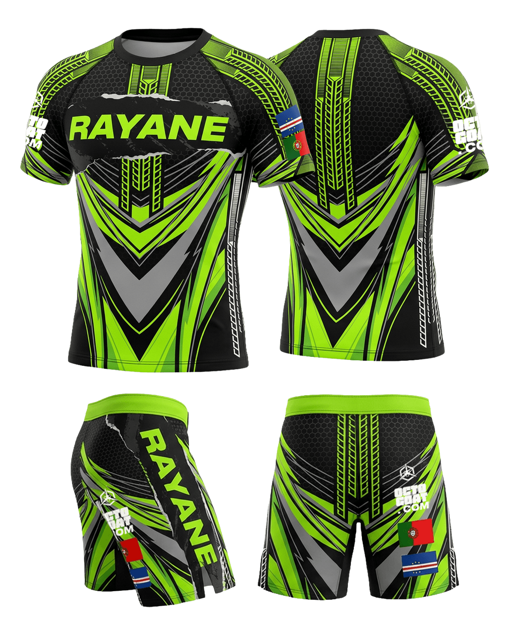 Ensemble MMA personnalisé OCTOGOAT — kit rashguard et short 
assortis collection TURBO sublimation pleine surface avec nom 
et drapeau sur-mesure