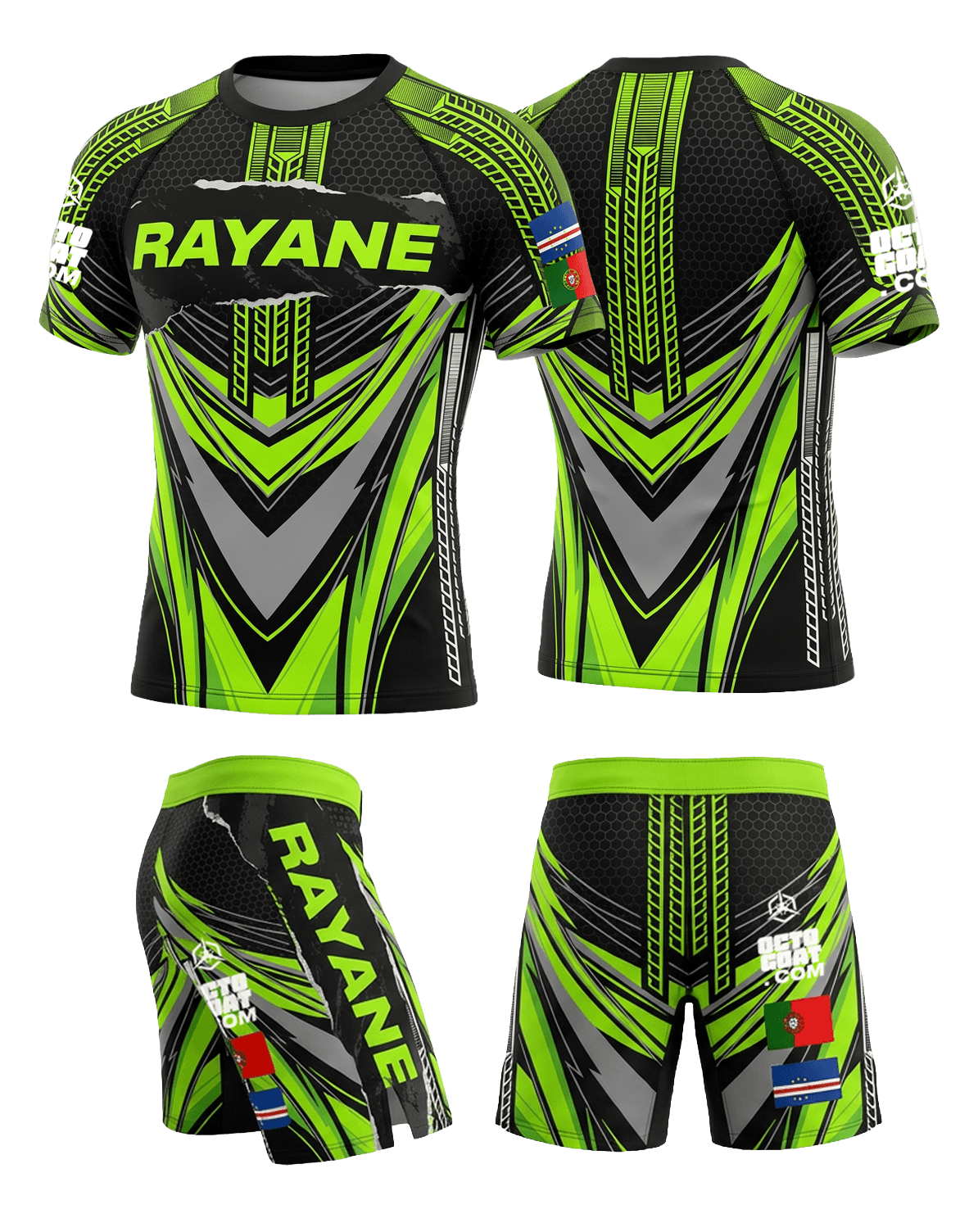 Ensemble MMA personnalisé OCTOGOAT — kit rashguard et short 
assortis collection TURBO sublimation pleine surface avec nom 
et drapeau sur-mesure