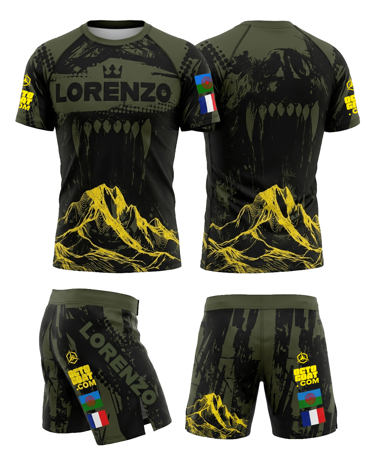 Ensemble MMA personnalisé OCTOGOAT collection WOLF Green
rashguard noir et vert khaki avec prénom et drapeau