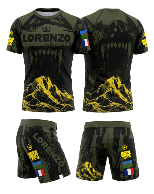Ensemble MMA personnalisé OCTOGOAT collection WOLF Green
rashguard noir et vert khaki avec prénom et drapeau