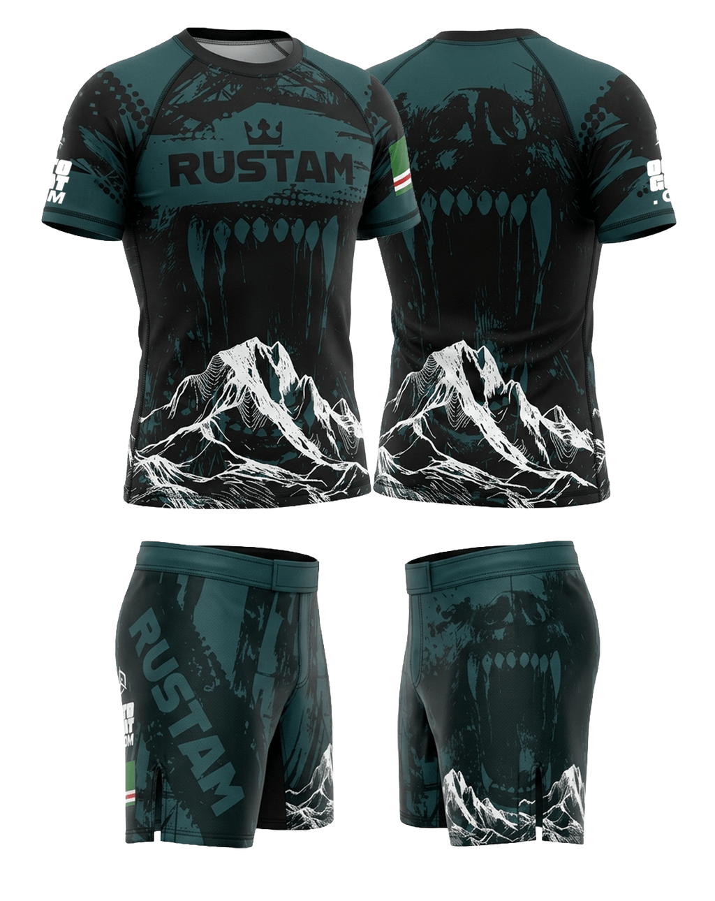 Ensemble MMA personnalisé OCTOGOAT — kit rashguard et short 
assortis collection WOLF Blue sublimation pleine surface avec nom 
et drapeau sur-mesure