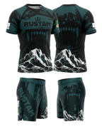 Ensemble MMA personnalisé OCTOGOAT — kit rashguard et short 
assortis collection WOLF Blue sublimation pleine surface avec nom 
et drapeau sur-mesure