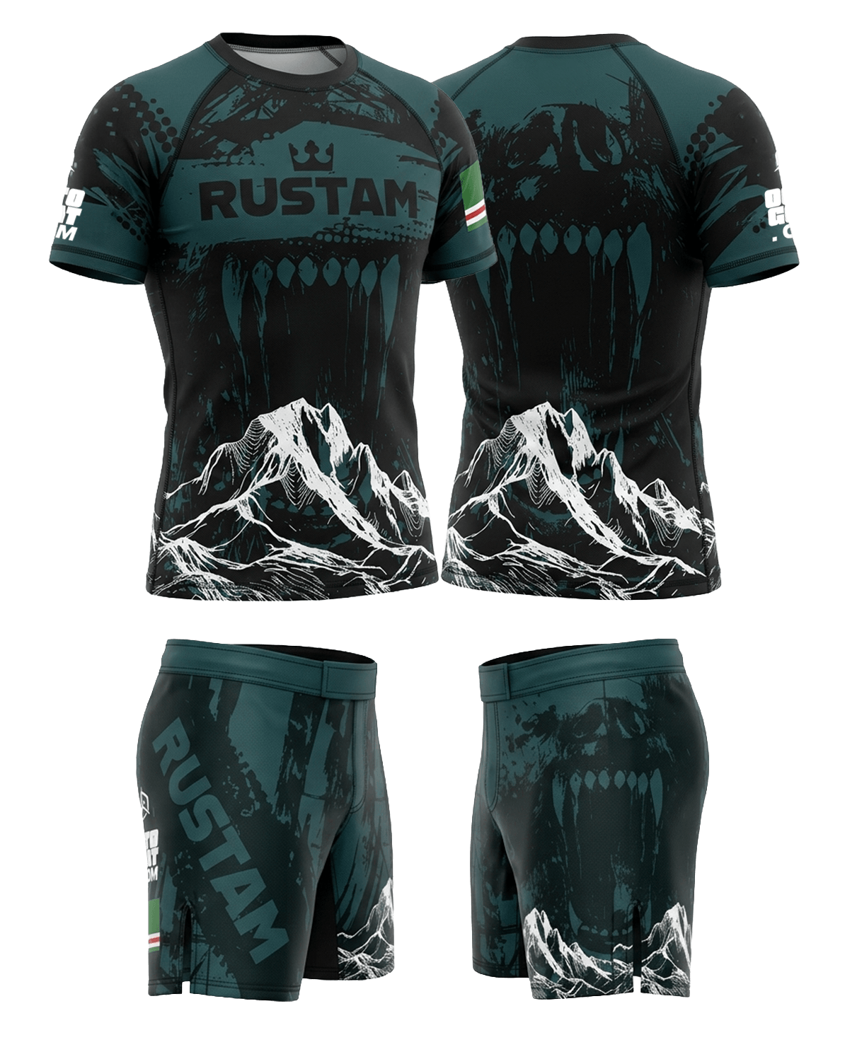 Ensemble MMA personnalisé OCTOGOAT — kit rashguard et short 
assortis collection WOLF Blue sublimation pleine surface avec nom 
et drapeau sur-mesure