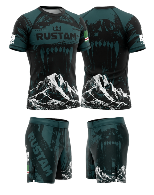 Ensemble MMA personnalisé OCTOGOAT — kit rashguard et short 
assortis collection WOLF Blue sublimation pleine surface avec nom 
et drapeau sur-mesure