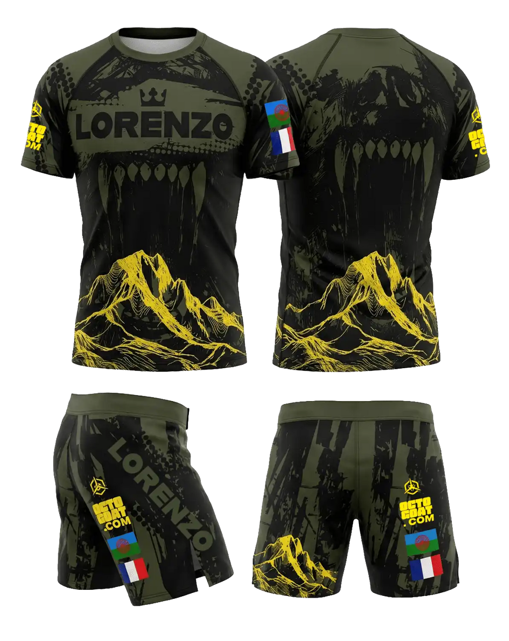 Tenue MMA noire et verte avec visuel loup, rashguard respirant et short de grappling