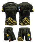 Tenue MMA noire et verte avec visuel loup, rashguard respirant et short de grappling