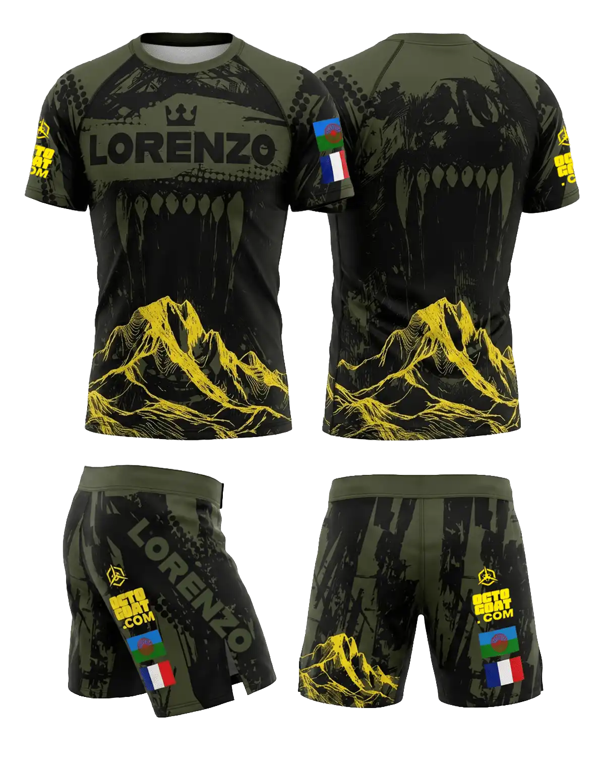 Tenue MMA noire et verte avec visuel loup, rashguard respirant et short de grappling