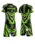 Tenue MMA noire avec lignes vert fluo et graphismes géométriques, pensée pour la performance