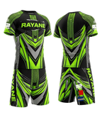 Tenue MMA noire avec lignes vert fluo et graphismes géométriques, pensée pour la performance