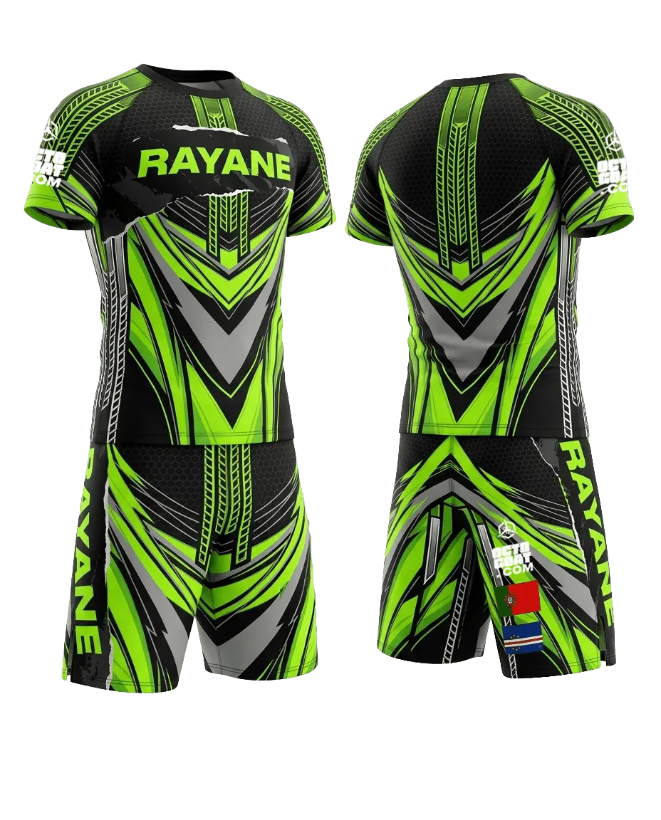 Tenue MMA noire avec lignes vert fluo et graphismes géométriques, pensée pour la performance
