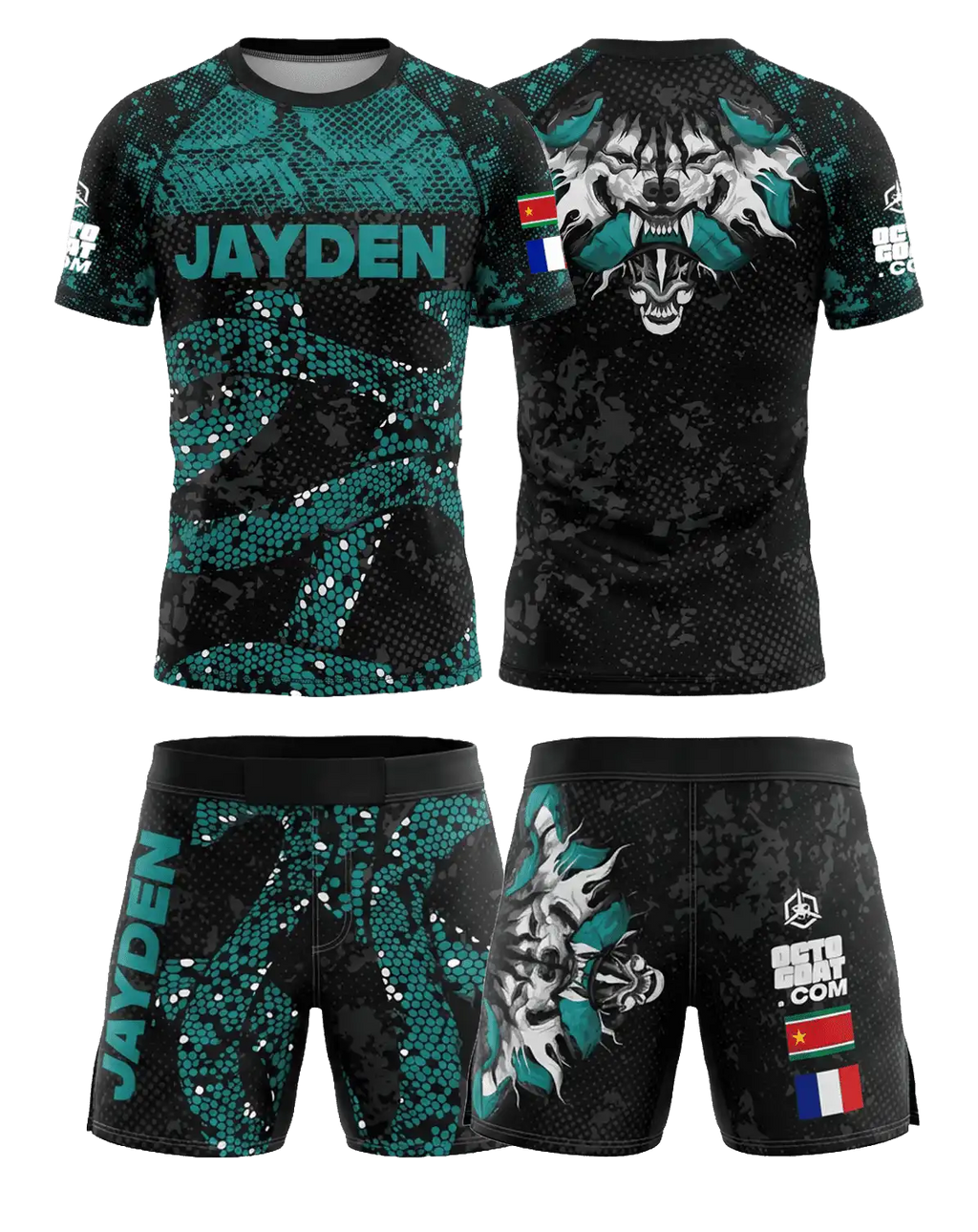 Vêtement MMA noir et turquoise avec motif loup, rashguard personnalisé et short assorti