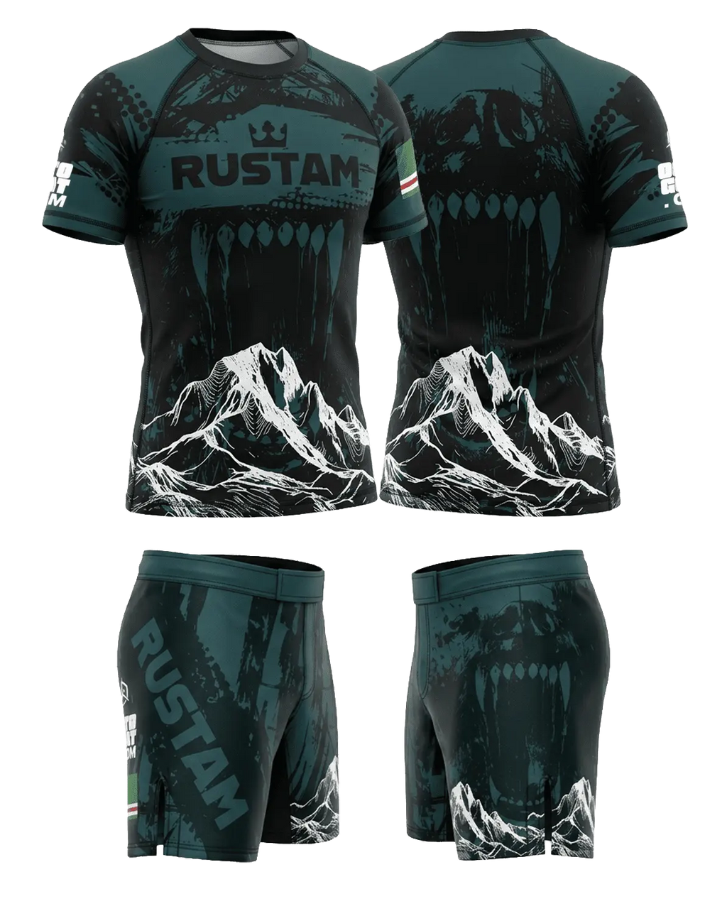 Tenue MMA noire et verte avec visuel loup, rashguard respirant et short de grappling

