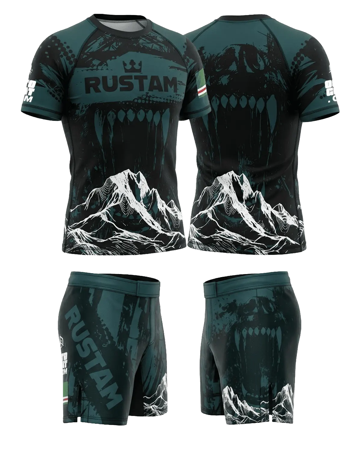 Tenue MMA noire et verte avec visuel loup, rashguard respirant et short de grappling

