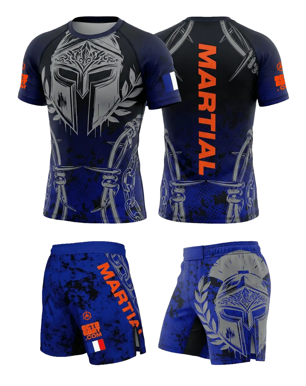 Tenue de combat bleue et grise avec casque spartiate, short technique et coupe performance