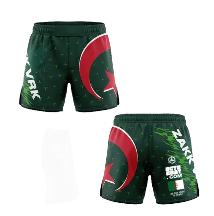 Short de combat MMA vert aux couleurs de l'Algérie (DZ) avec grand croissant et étoile rouges, personnalisé avec un nom au choix et logo Octogoat.