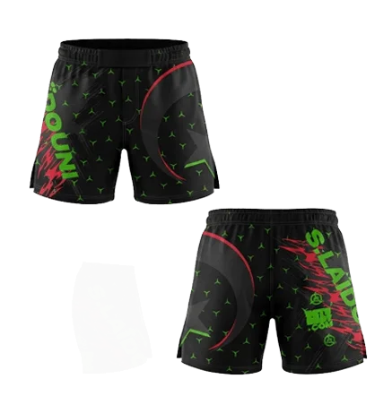 Short MMA noir et vert avec croissant algérien, écritures personnalisées et équipement de combat performant.