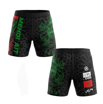 Short MMA noir et vert personnalisé Mehdi Ait avec graphisme de lion marocain et drapeau du Maroc à l'arrière, équipement de combat Octogoat.