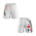 Short MMA blanc épuré avec motifs géométriques gris, personnalisé avec nom et arborant le drapeau français tricolore à l'arrière.