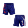 Short de combat MMA bleu avec motifs géométriques et écritures rouges, affichant les drapeaux à l'arrière.