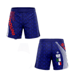 Short de combat MMA bleu avec motifs géométriques et écritures rouges, affichant les drapeaux à l'arrière.