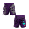 Short de combat MMA violet et noir avec casque spartiate, chaînes latérales, personnalisé avec drapeau à l'arrière.