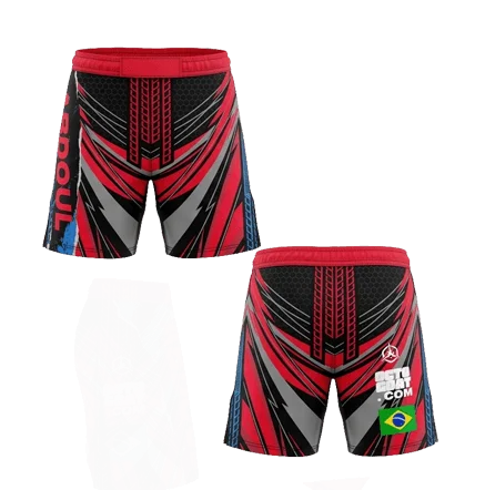 Short de combat MMA rouge et noir modèle Turbo personnalisé, doté de motifs géométriques et du drapeau à l'arrière, marque Octogoat.