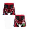 Short de combat MMA rouge et noir modèle Turbo personnalisé, doté de motifs géométriques et du drapeau à l'arrière, marque Octogoat.