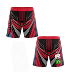 Short de combat MMA rouge et noir modèle Turbo personnalisé, doté de motifs géométriques et du drapeau à l'arrière, marque Octogoat.