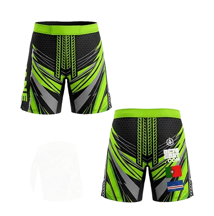 Short MMA vert néon et noir Octogoat au design géométrique futuriste et nid d'abeille, avec les drapeaux à l'arrière.