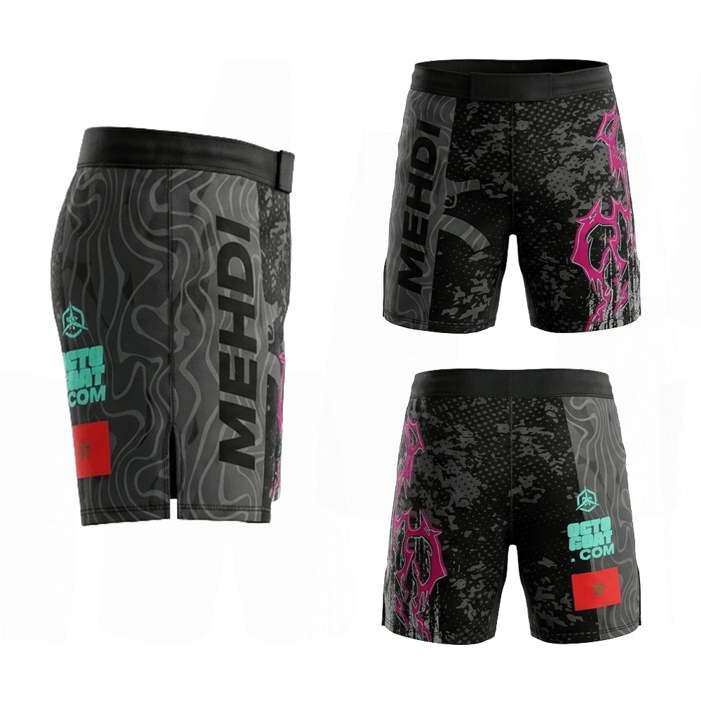 Short MMA noir Octogoat personnalisé avec motif AK47 gris, éclairs roses et drapeau à l'arrière pour le combat et le grappling.