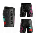 Short MMA noir Octogoat personnalisé avec motif AK47 gris, éclairs roses et drapeau à l'arrière pour le combat et le grappling.