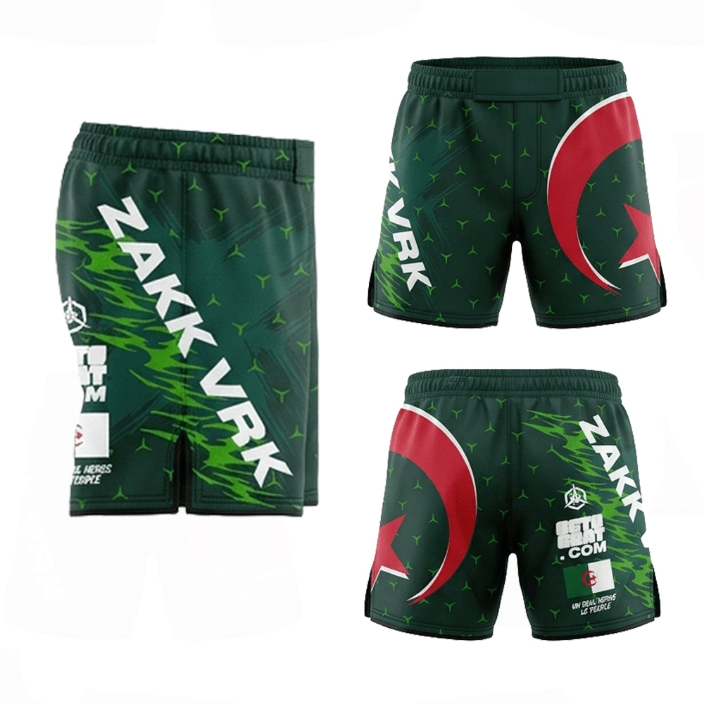 Short de combat MMA vert aux couleurs de l'Algérie (DZ) avec grand croissant et étoile rouges, personnalisé avec un nom au choix et logo Octogoat.